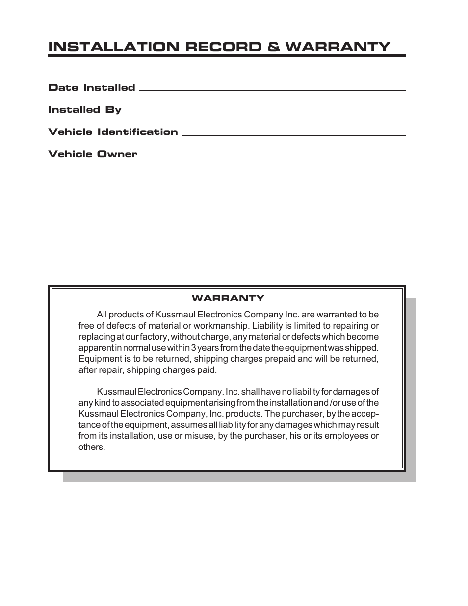 Installation record & warranty | Kussmaul Electronics 091-60A User Manual | Page 8 / 8