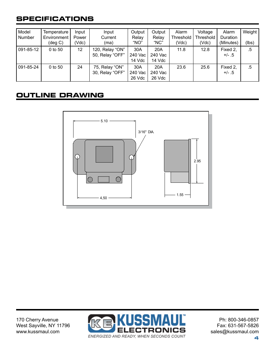 Specifications outline drawing | Kussmaul Electronics 091-85-12 User Manual | Page 4 / 5