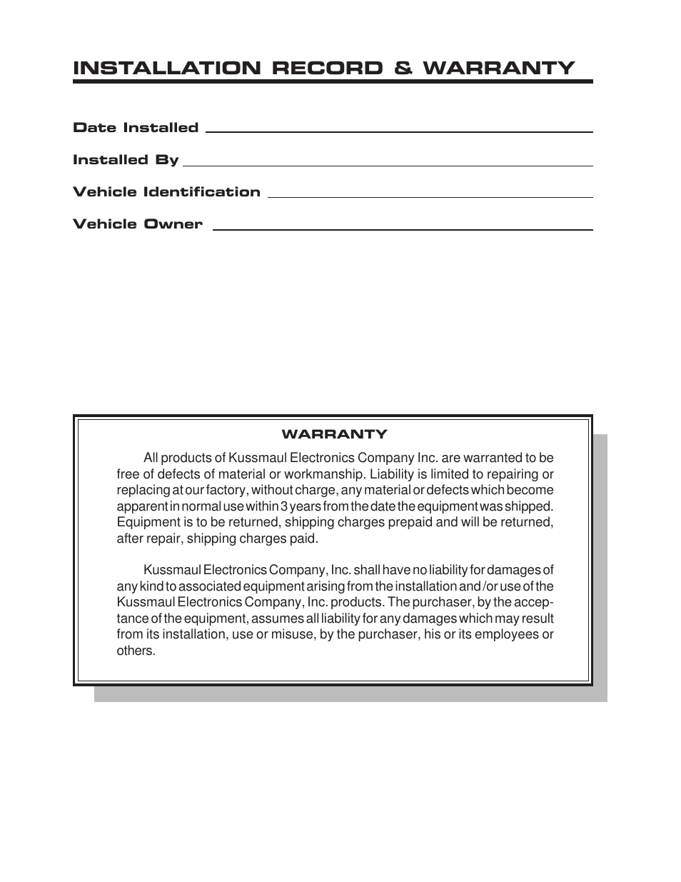 Installation record & warranty | Kussmaul Electronics 091-96-12 User Manual | Page 5 / 5