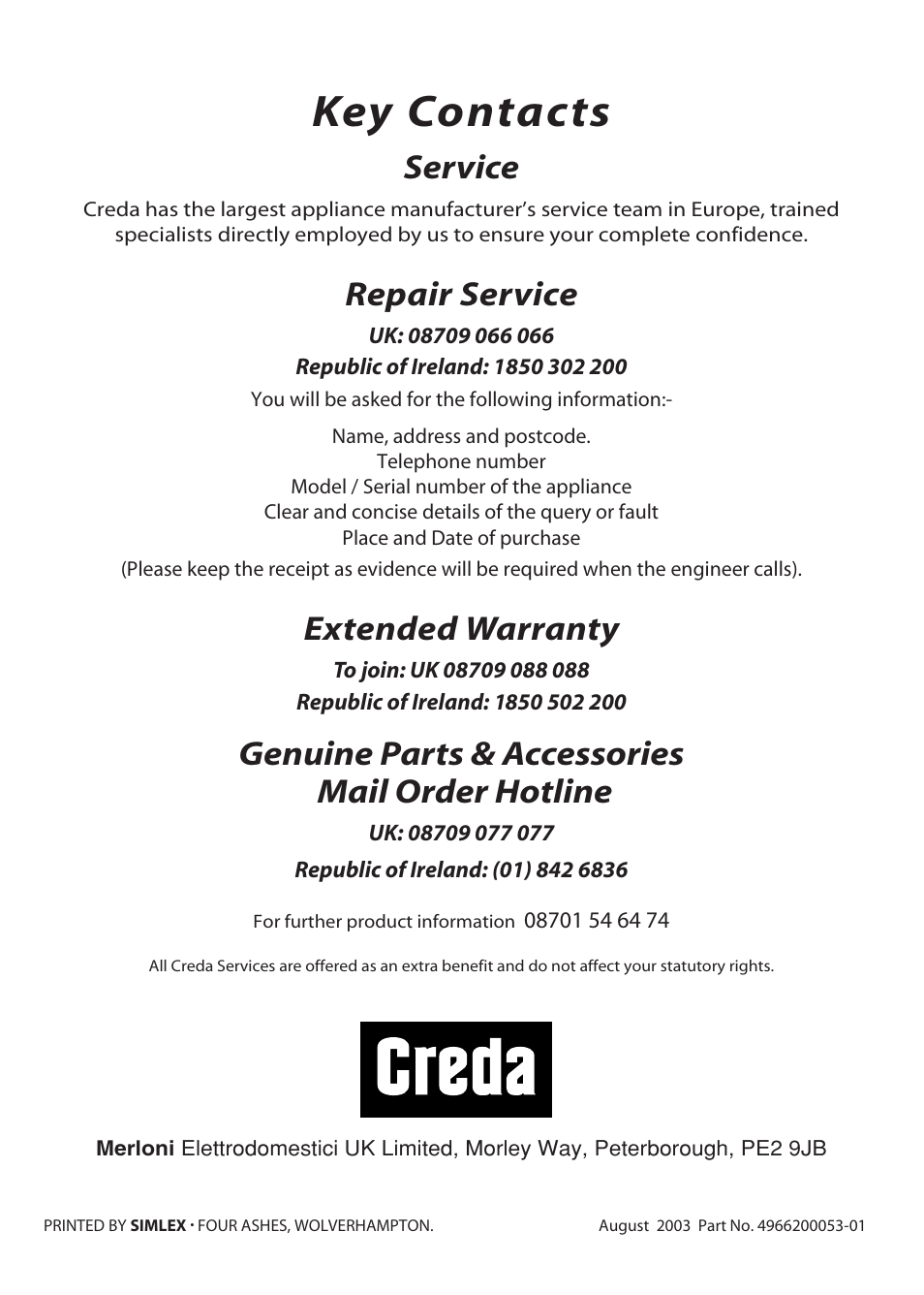 Key contacts, Service, Repair service | Extended warranty, Genuine parts & accessories mail order hotline | Creda L153 User Manual | Page 24 / 24