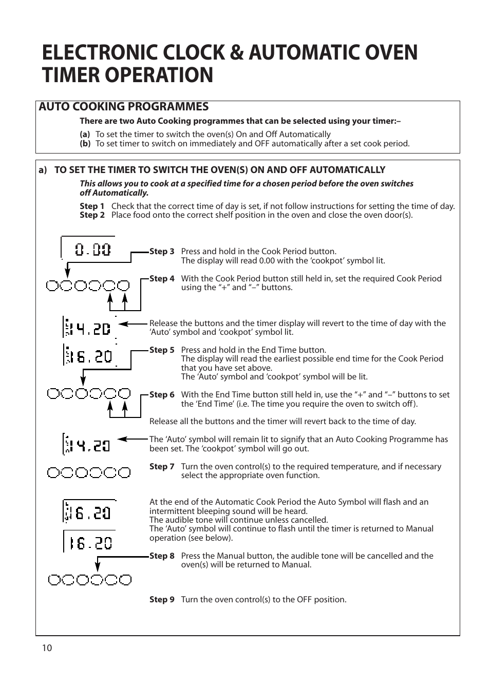 Electronic clock & automatic oven timer operation, Auto cooking programmes | Creda EUROPA S230G User Manual | Page 10 / 36