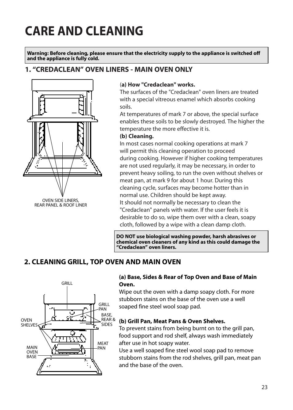 Care and cleaning, “credaclean” oven liners - main oven only, Cleaning grill, top oven and main oven | Creda EUROPA S230G User Manual | Page 23 / 36