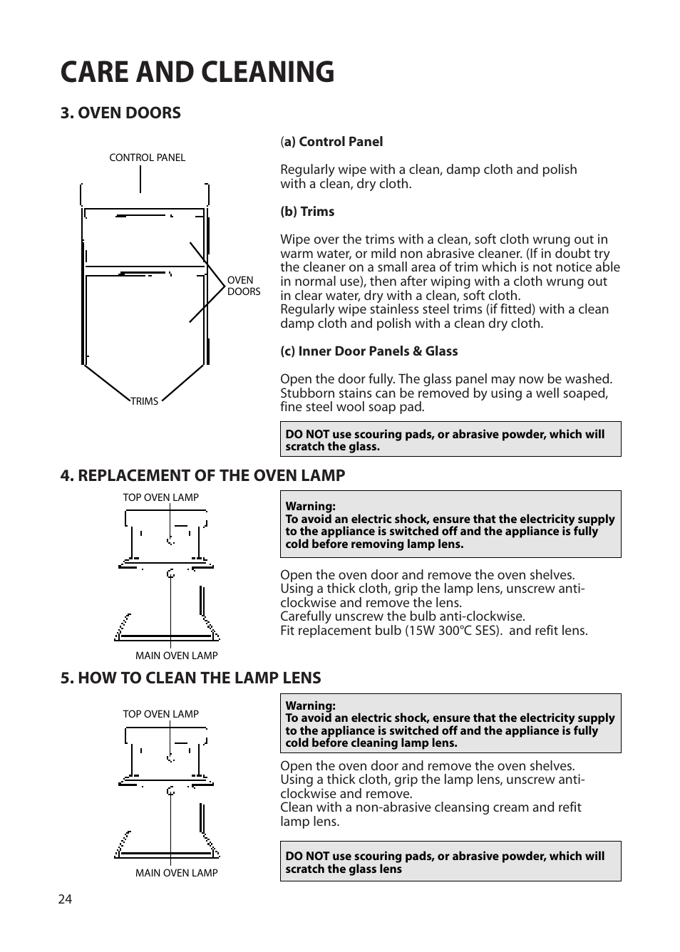 Care and cleaning, Oven doors, Replacement of the oven lamp | How to clean the lamp lens | Creda EUROPA S230G User Manual | Page 24 / 36