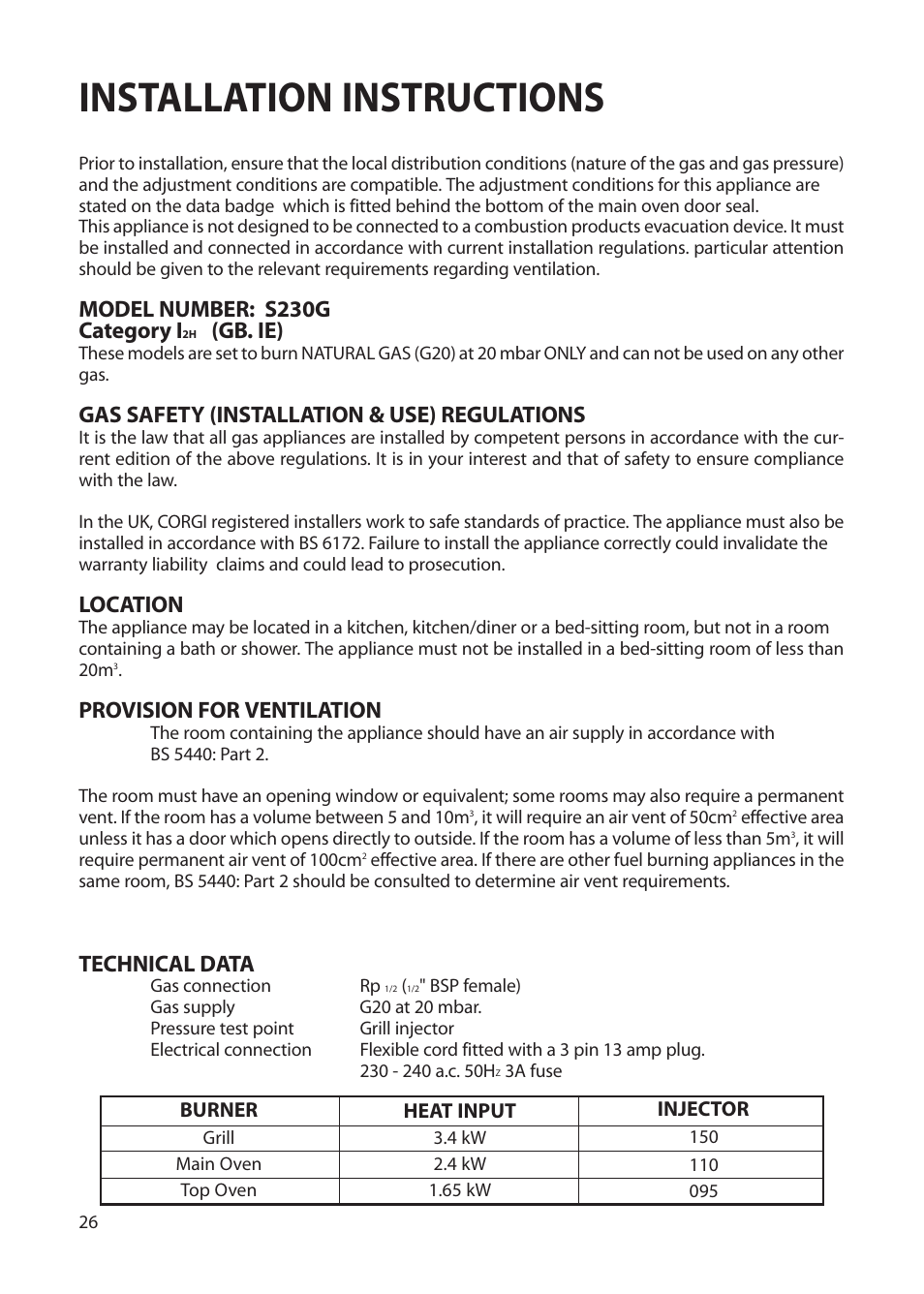 Installation instructions, Model number: s230g category i, Gb. ie) | Gas safety (installation & use) regulations, Location, Provision for ventilation, Technical data | Creda EUROPA S230G User Manual | Page 26 / 36