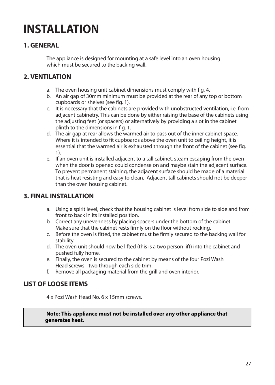 Installation | Creda EUROPA S230G User Manual | Page 27 / 36