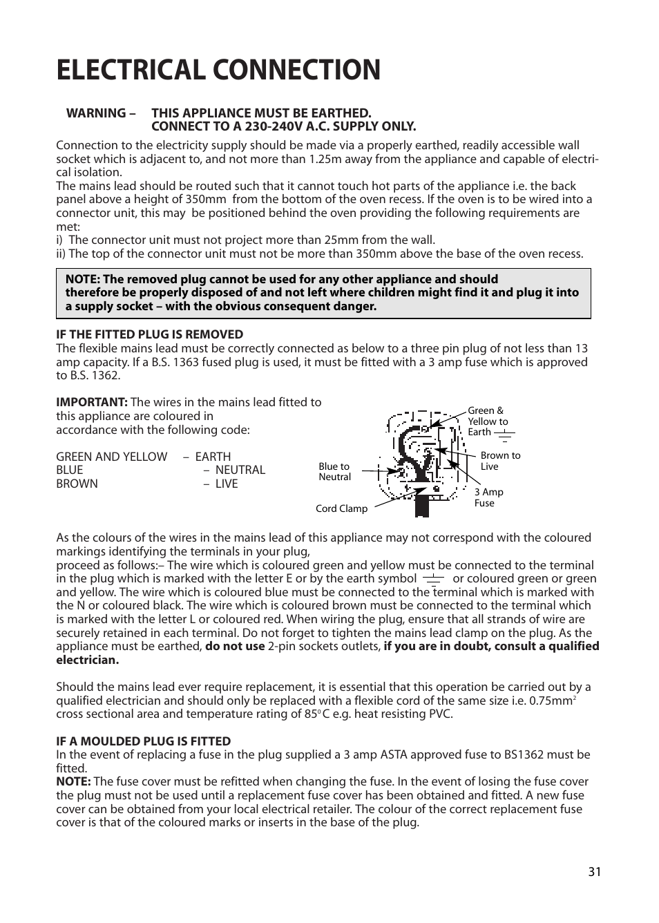 Electrical connection | Creda EUROPA S230G User Manual | Page 31 / 36