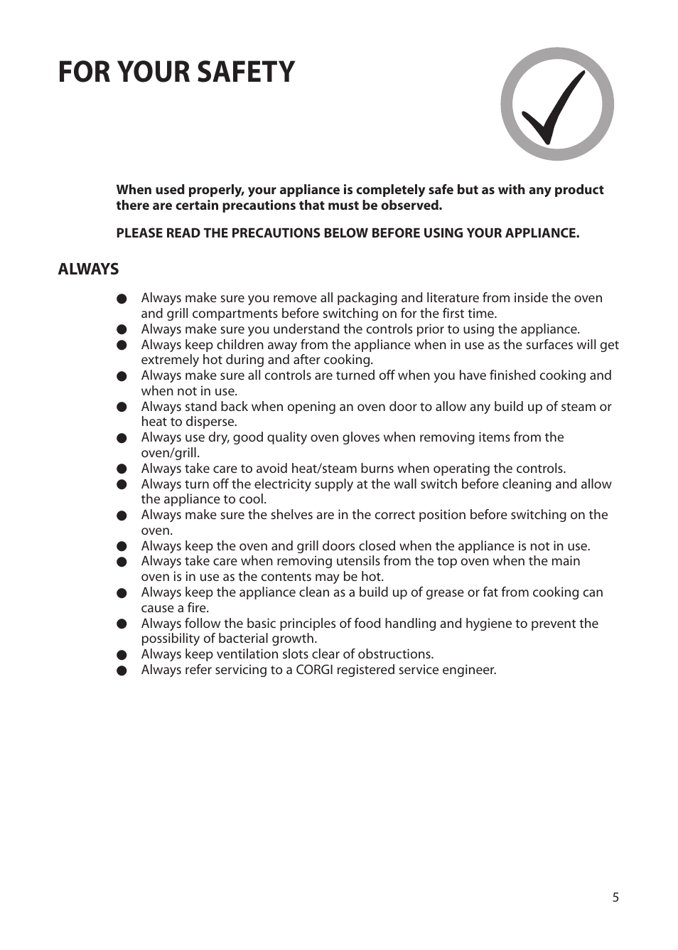 For your safety | Creda EUROPA S230G User Manual | Page 5 / 36