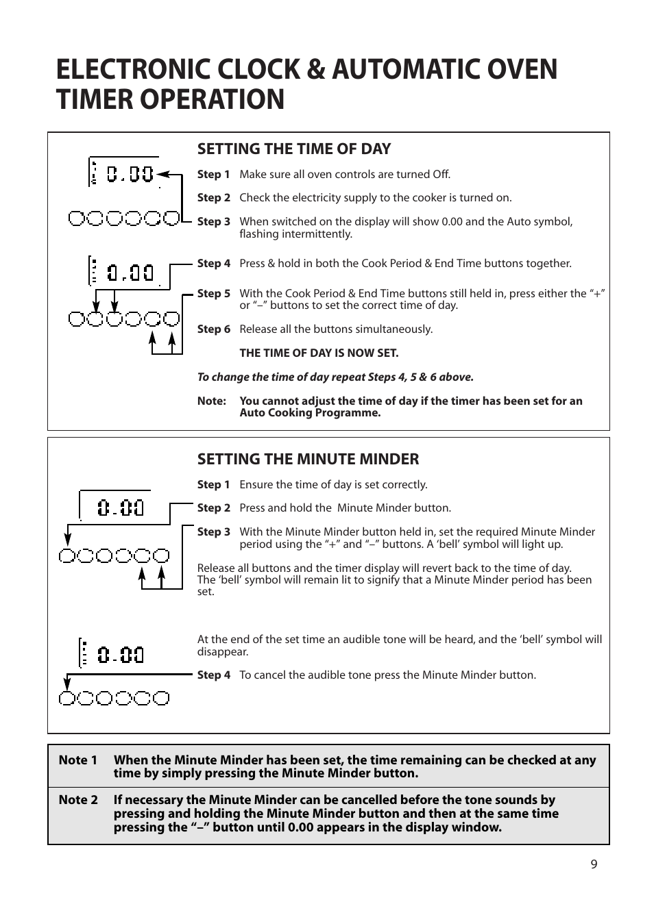 Electronic clock & automatic oven timer operation, Setting the time of day, Setting the minute minder | Creda EUROPA S230G User Manual | Page 9 / 36