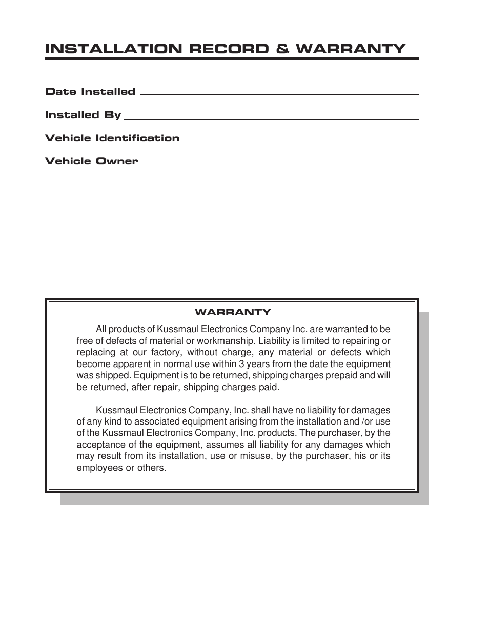 Installation record & warranty | Kussmaul Electronics 091-149-12 User Manual | Page 10 / 10