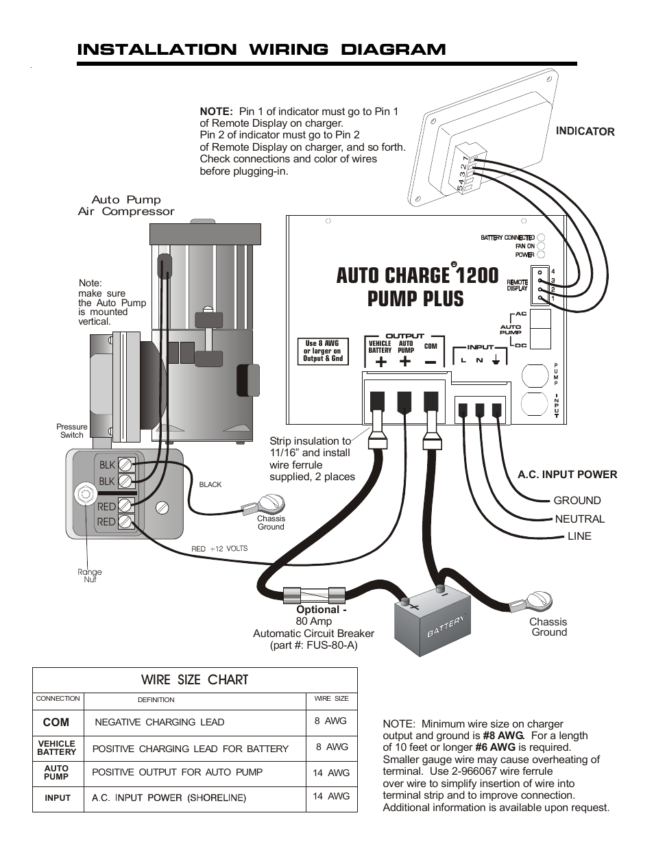 Auto charge 1200 pump plus, Installation wiring diagram, Wire size chart | Kussmaul Electronics 091-9-1200 User Manual | Page 4 / 6