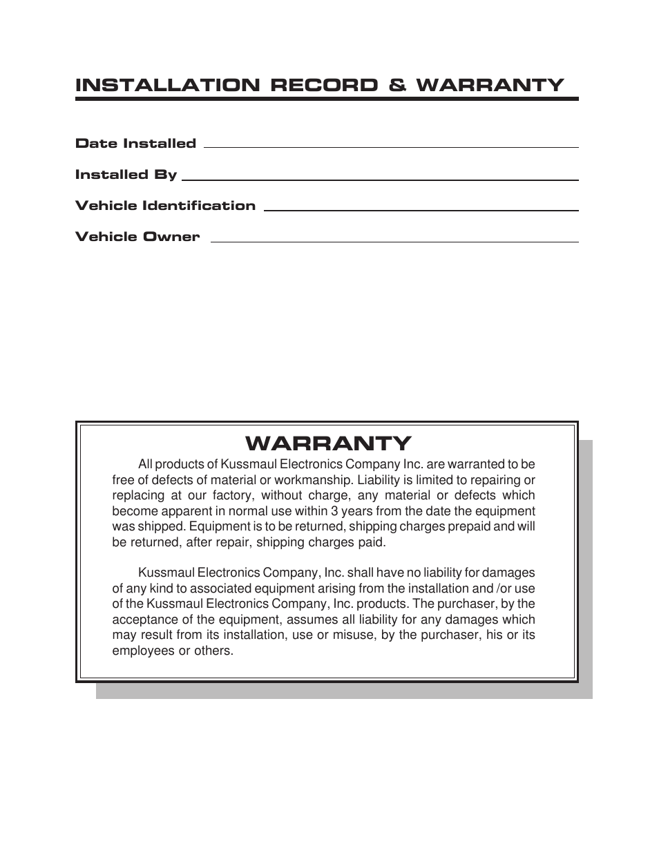 Warranty, Installation record & warranty | Kussmaul Electronics 091-106-150-12-120 User Manual | Page 6 / 6