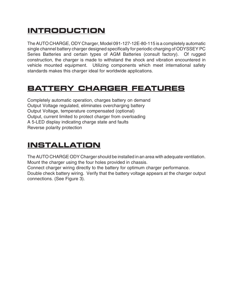 Introduction, Battery charger features, Installation | Kussmaul Electronics 091-127-12E-80 User Manual | Page 2 / 9