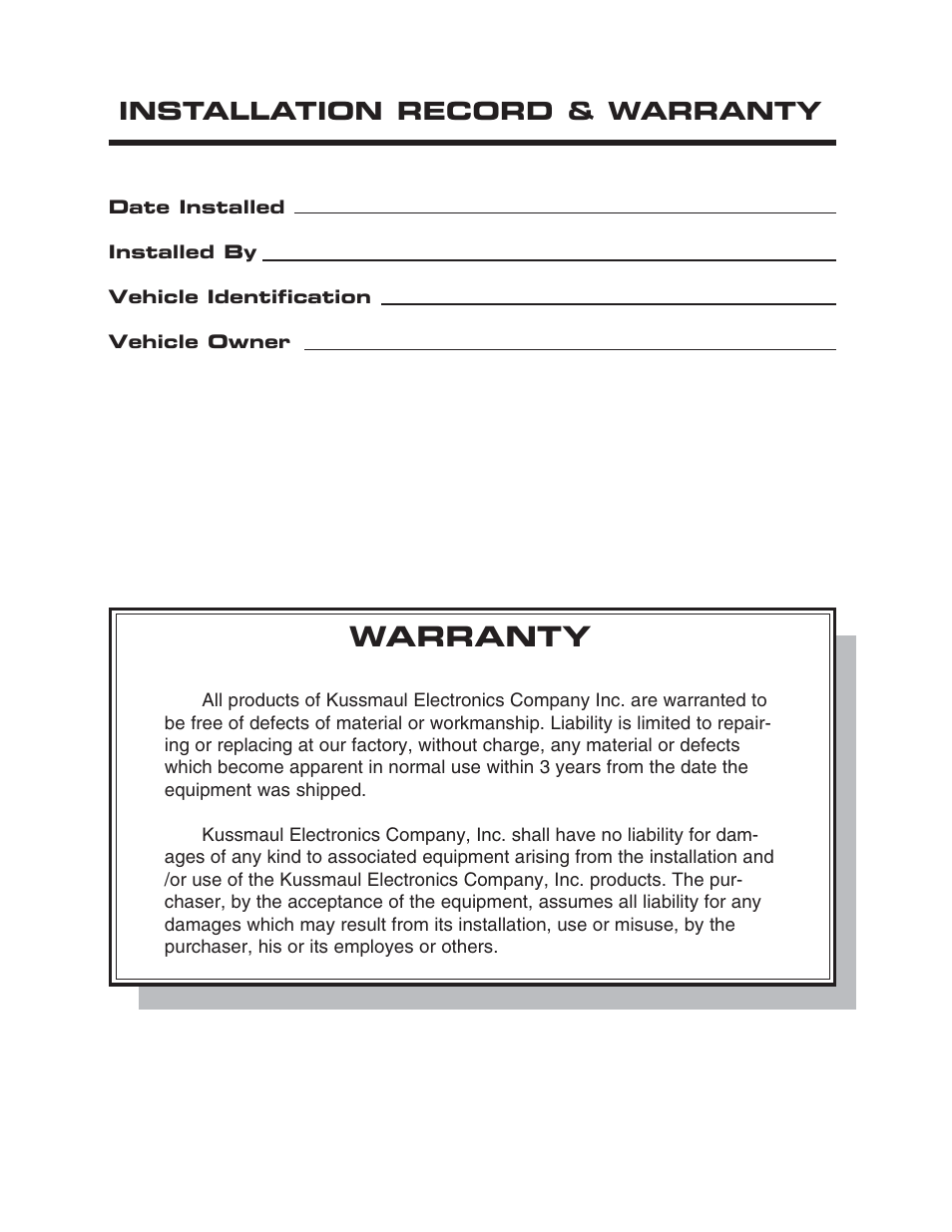 Warranty, Installation record & warranty | Kussmaul Electronics 091-127-12E-80 User Manual | Page 9 / 9