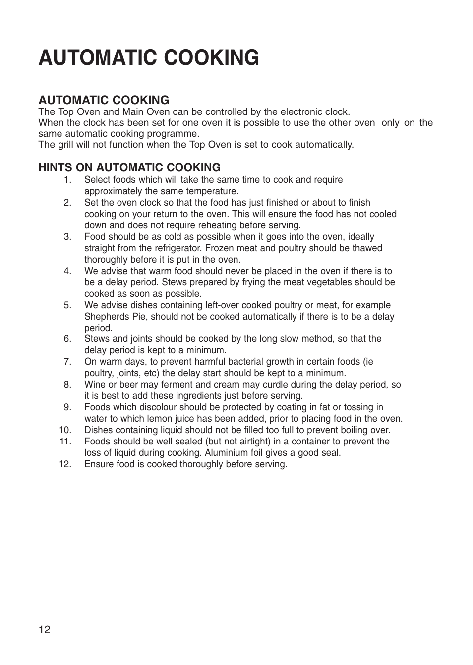 Automatic cooking, Hints on automatic cooking | Creda Cooker User Manual | Page 12 / 40