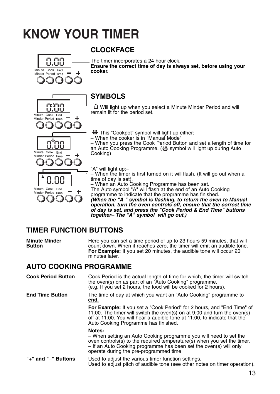 Know your timer, Clockface, Symbols | Timer function buttons auto cooking programme | Creda Cooker User Manual | Page 13 / 40