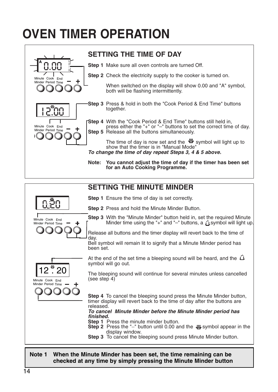 Oven timer operation, Setting the time of day, Setting the minute minder | Creda Cooker User Manual | Page 14 / 40