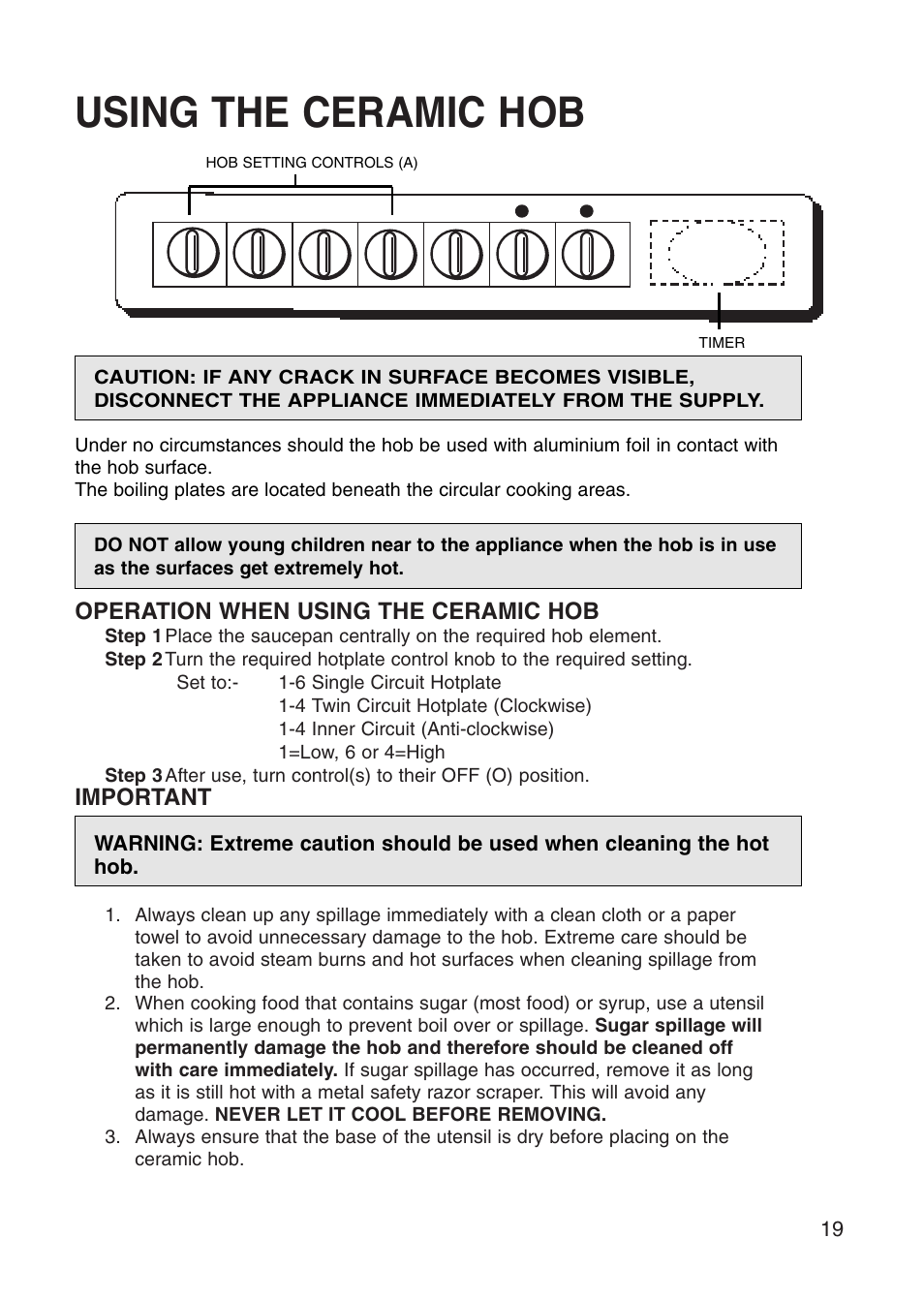 Using the ceramic hob, Operation when using the ceramic hob, Important | Creda Cooker User Manual | Page 19 / 40