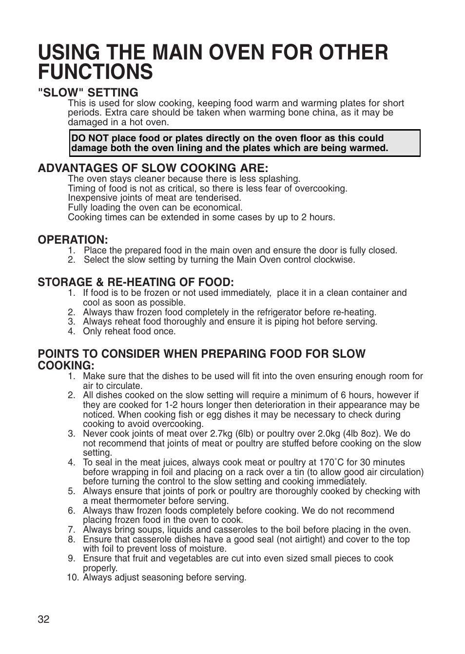 Using the main oven for other functions | Creda Cooker User Manual | Page 32 / 40