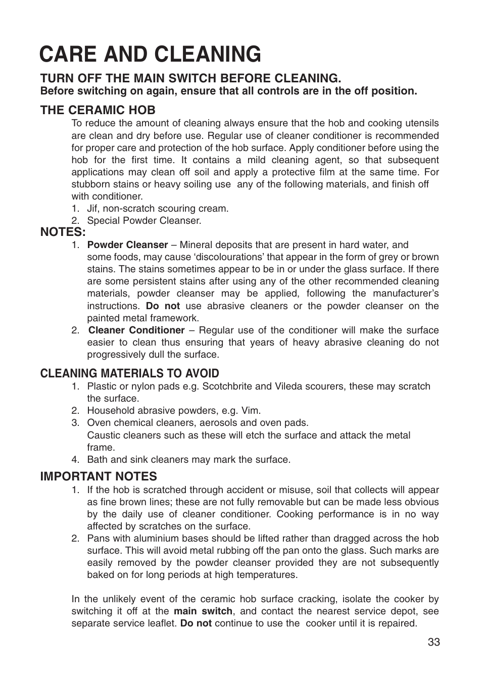 Care and cleaning | Creda Cooker User Manual | Page 33 / 40