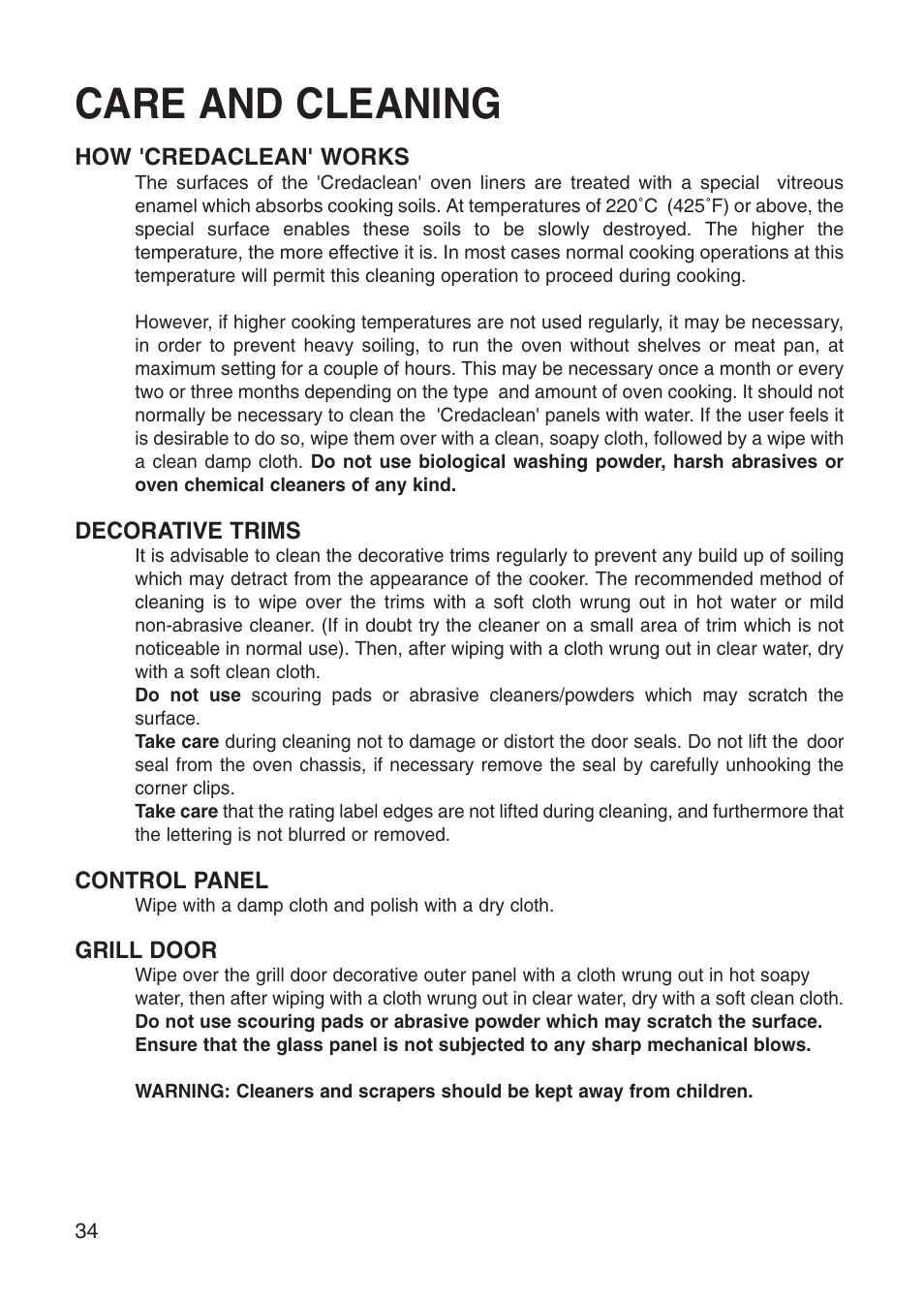 Care and cleaning | Creda Cooker User Manual | Page 34 / 40