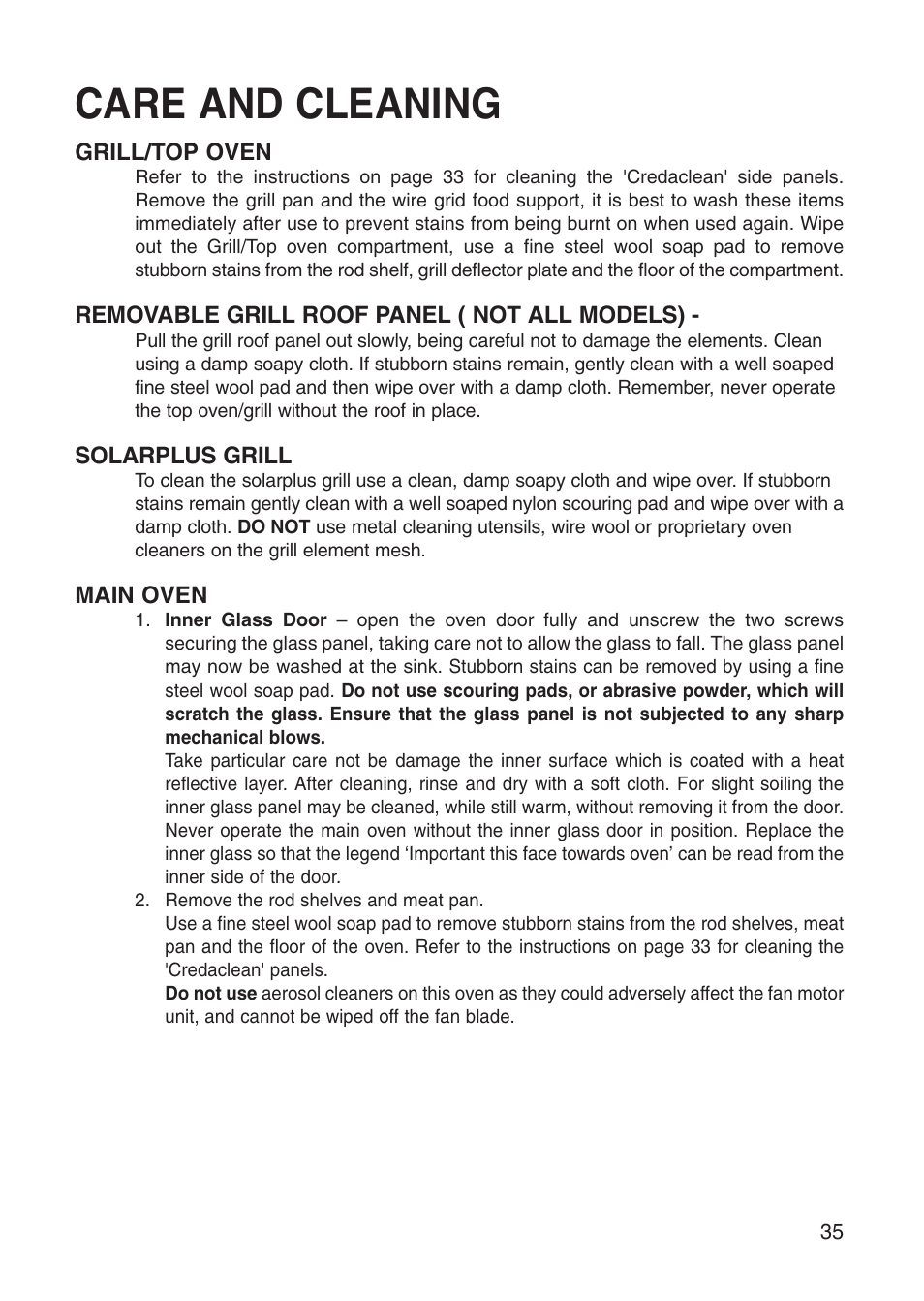 Care and cleaning | Creda Cooker User Manual | Page 35 / 40