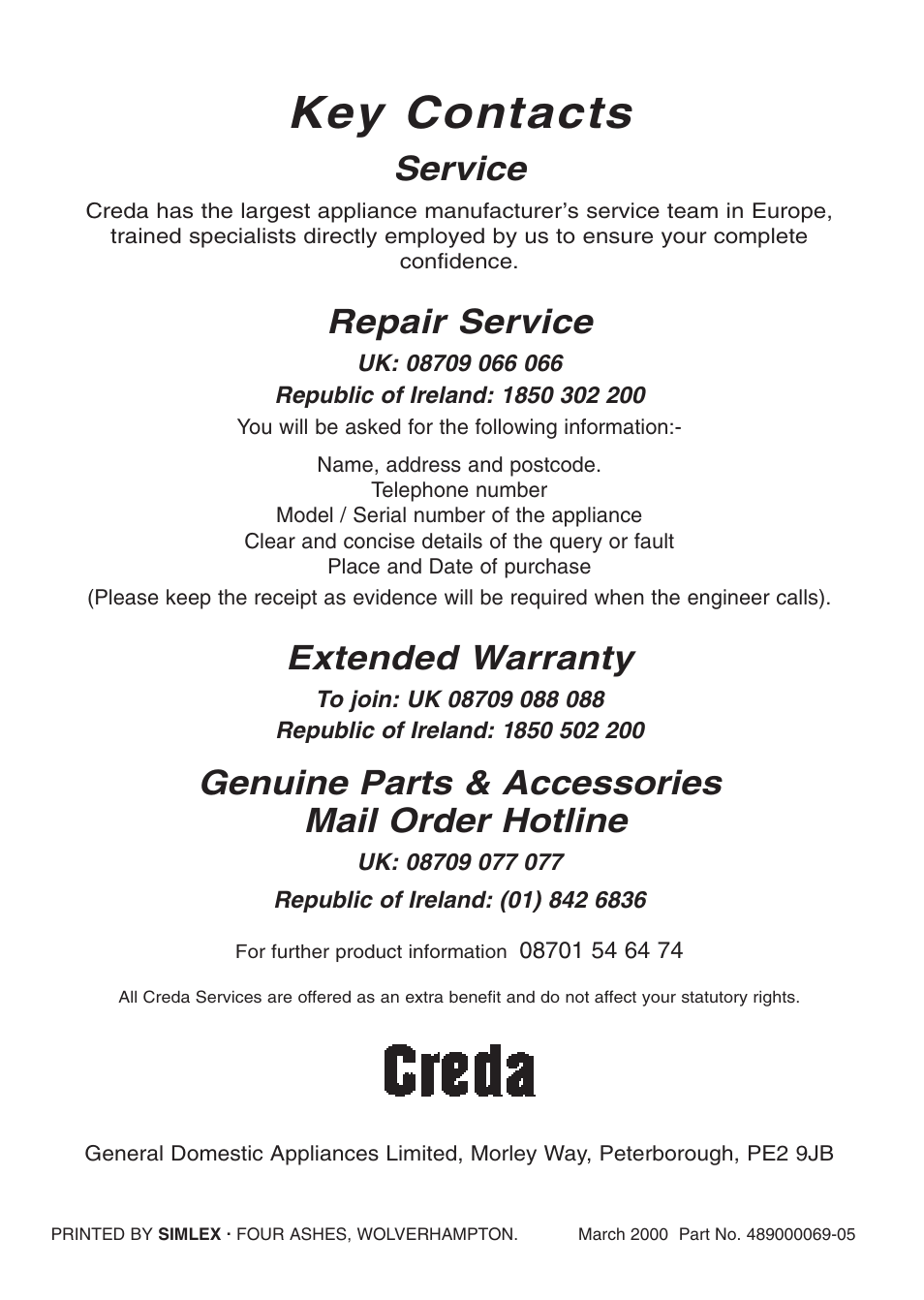 Key contacts, Service, Repair service | Extended warranty, Genuine parts & accessories mail order hotline | Creda Cooker User Manual | Page 40 / 40