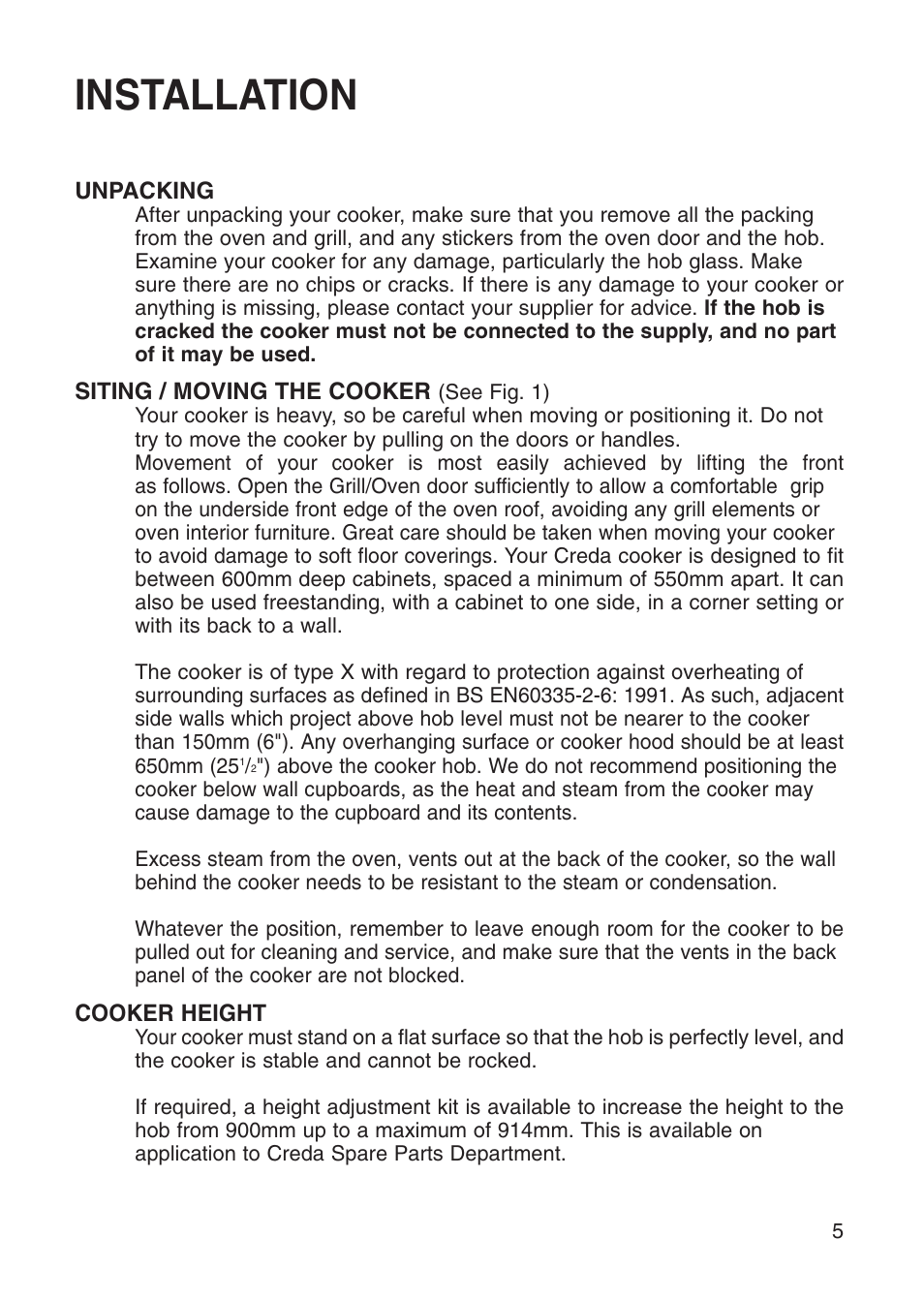 Installation | Creda Cooker User Manual | Page 5 / 40