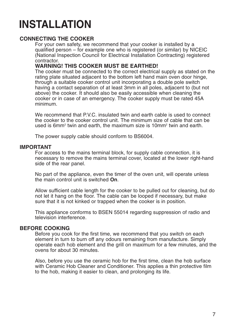 Installation | Creda Cooker User Manual | Page 7 / 40