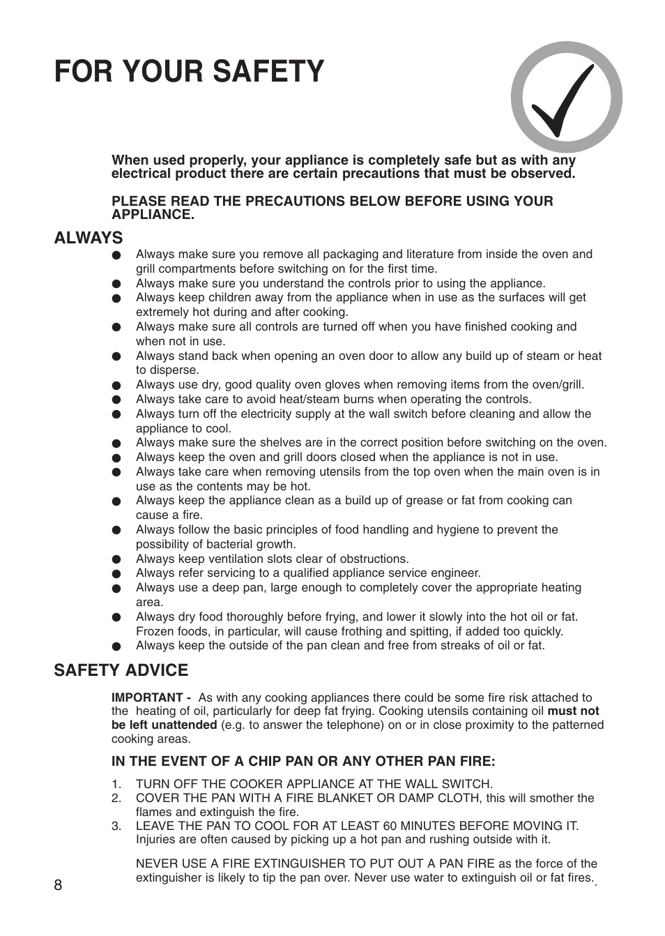 For your safety, Always, Safety advice | Creda Cooker User Manual | Page 8 / 40