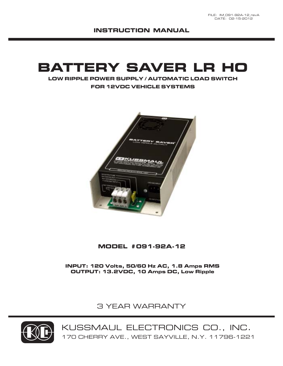 Kussmaul Electronics 091-92A-12 User Manual | 7 pages