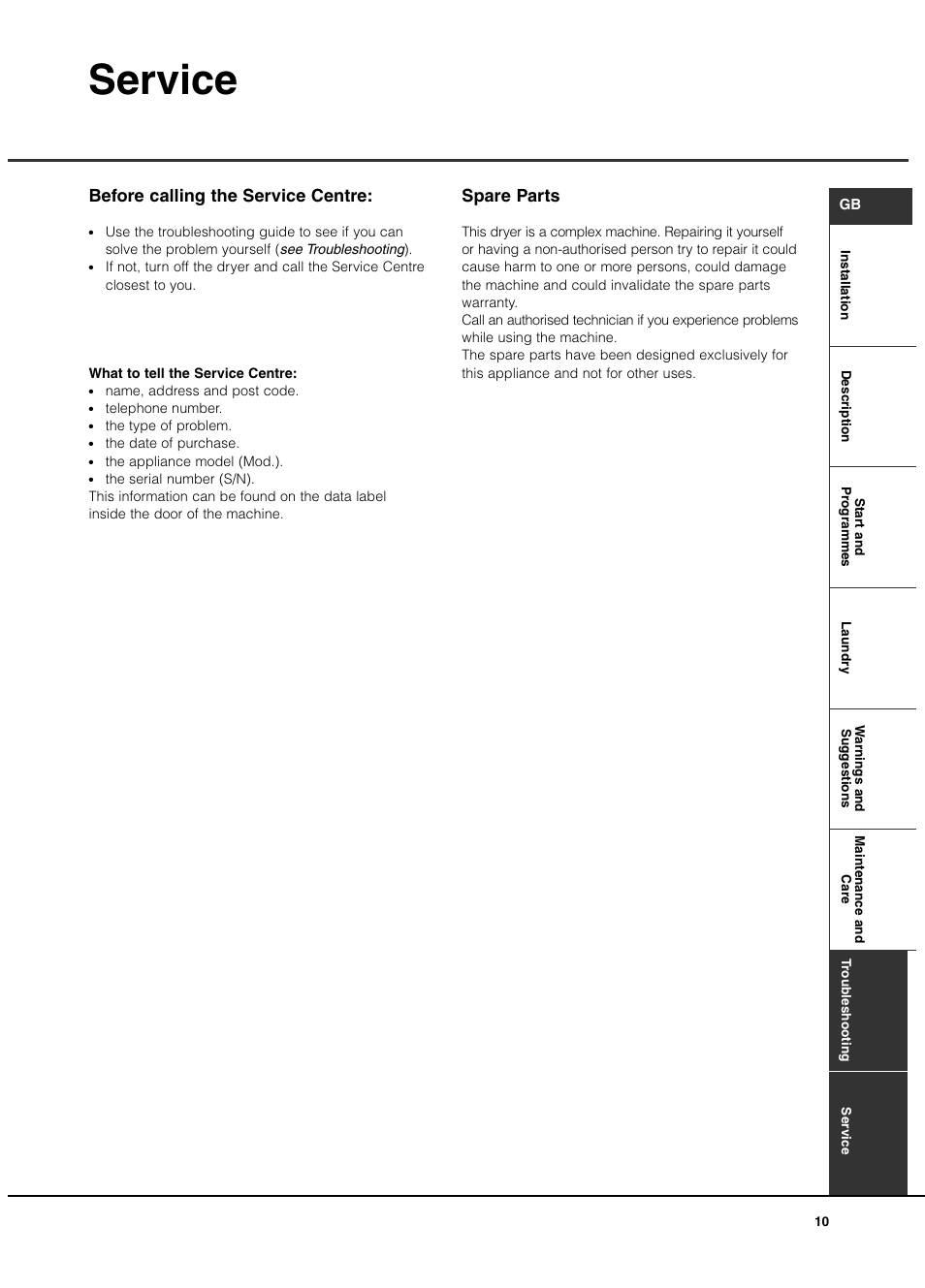 Service, Spare parts, Before calling the service centre | Creda TCR2 User Manual | Page 11 / 12
