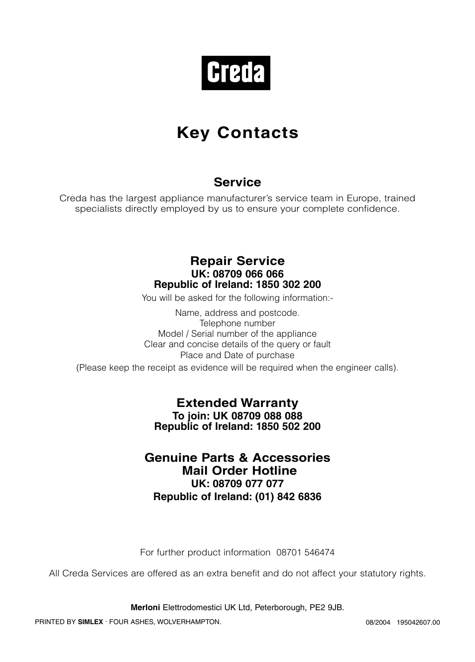 Key contacts, Service, Repair service | Extended warranty, Genuine parts & accessories mail order hotline | Creda TCR2 User Manual | Page 12 / 12