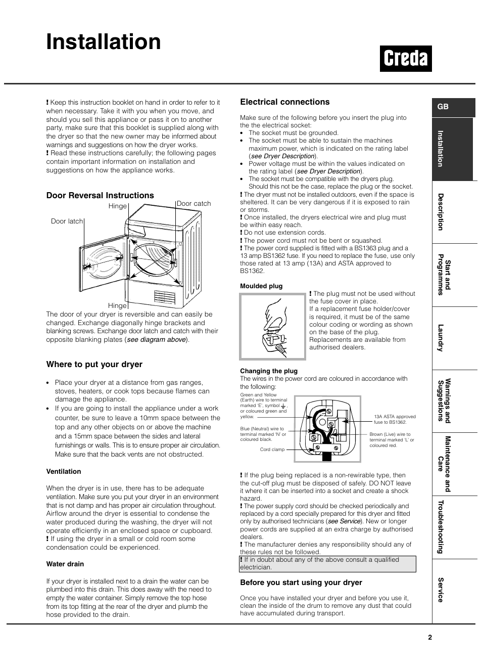 Installation, Door reversal instructions, Where to put your dryer | Electrical connections | Creda TCR2 User Manual | Page 3 / 12