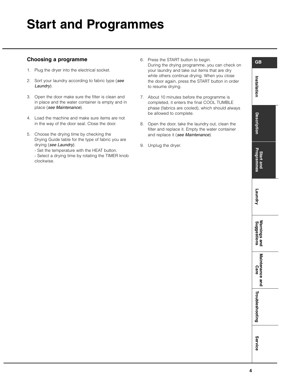 Start and programmes, Choosing a programme | Creda TCR2 User Manual | Page 5 / 12