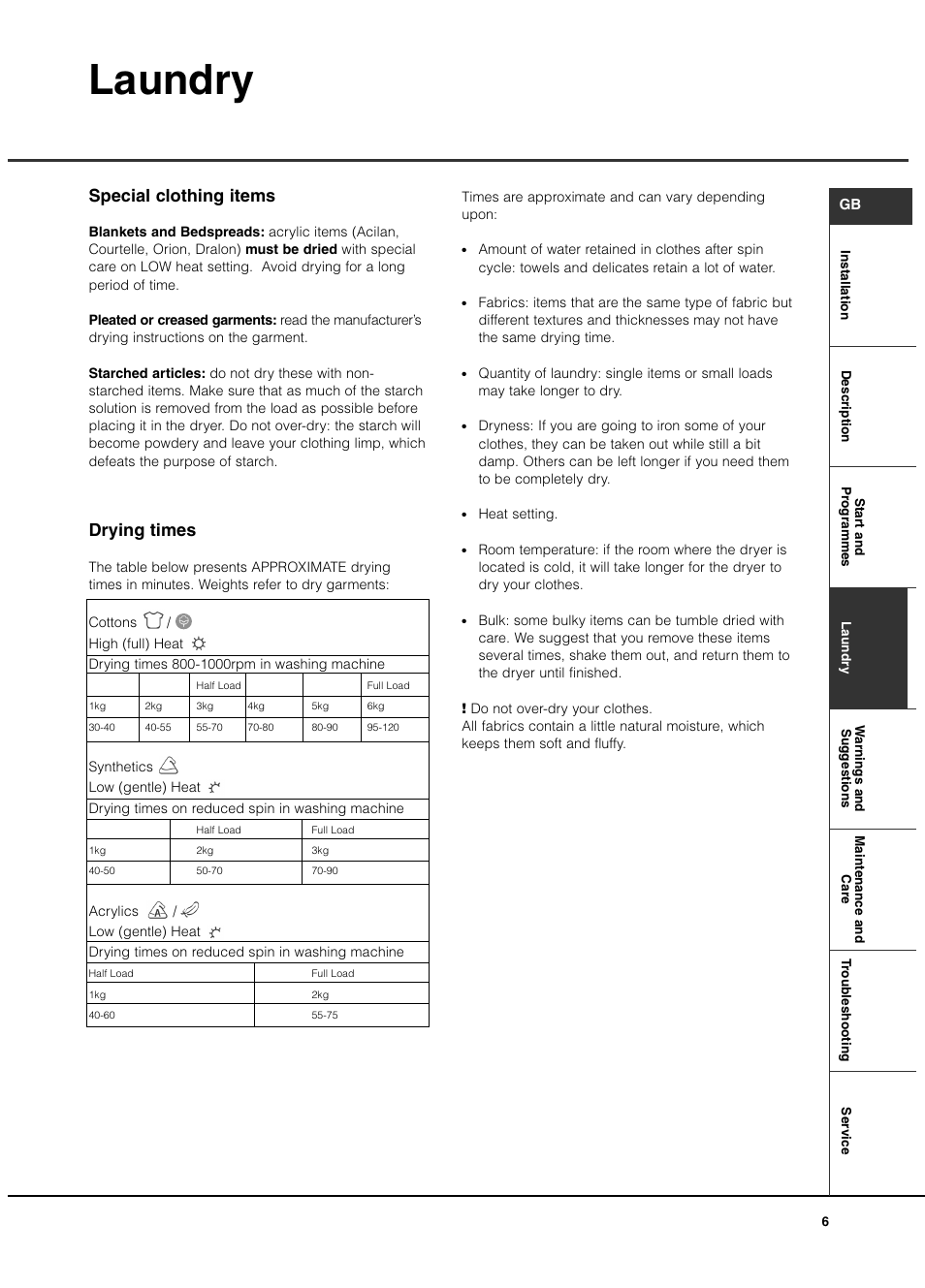 Laundry, Special clothing items, Drying times | Creda TCR2 User Manual | Page 7 / 12