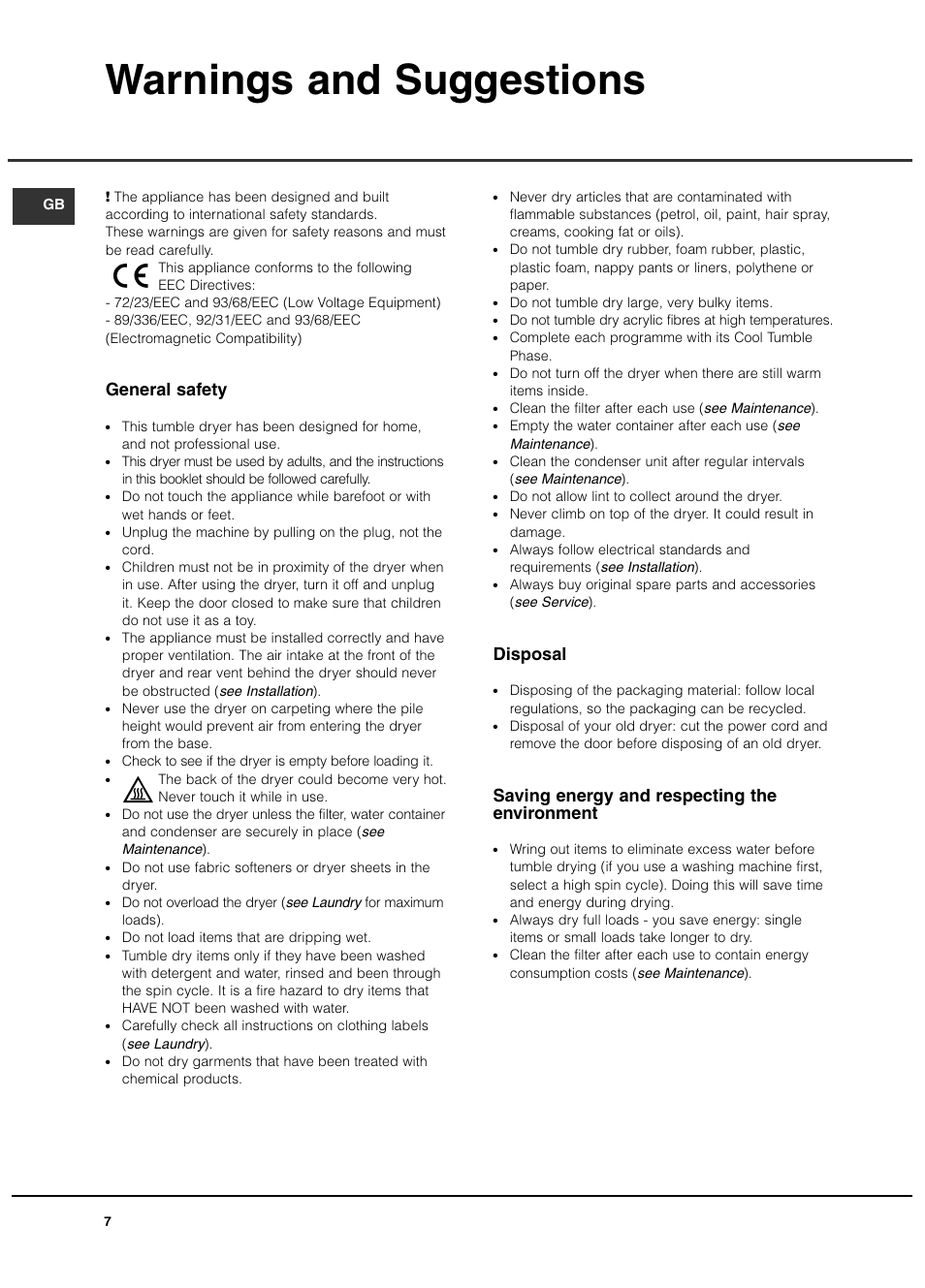 Warnings and suggestions, General safety, Disposal | Saving energy and respecting the environment | Creda TCR2 User Manual | Page 8 / 12