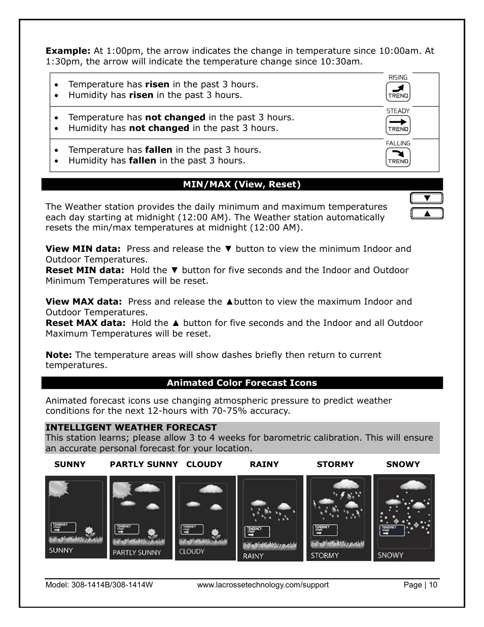Min/max (view, reset), Animated color forecast icons | La Crosse Technology 308-1414B User Manual | Page 10 / 14