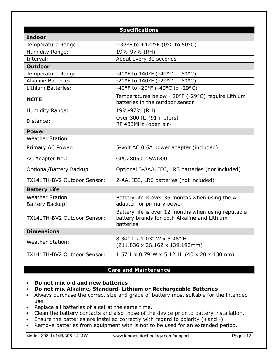 Specifications, Care and maintenance | La Crosse Technology 308-1414B User Manual | Page 12 / 14