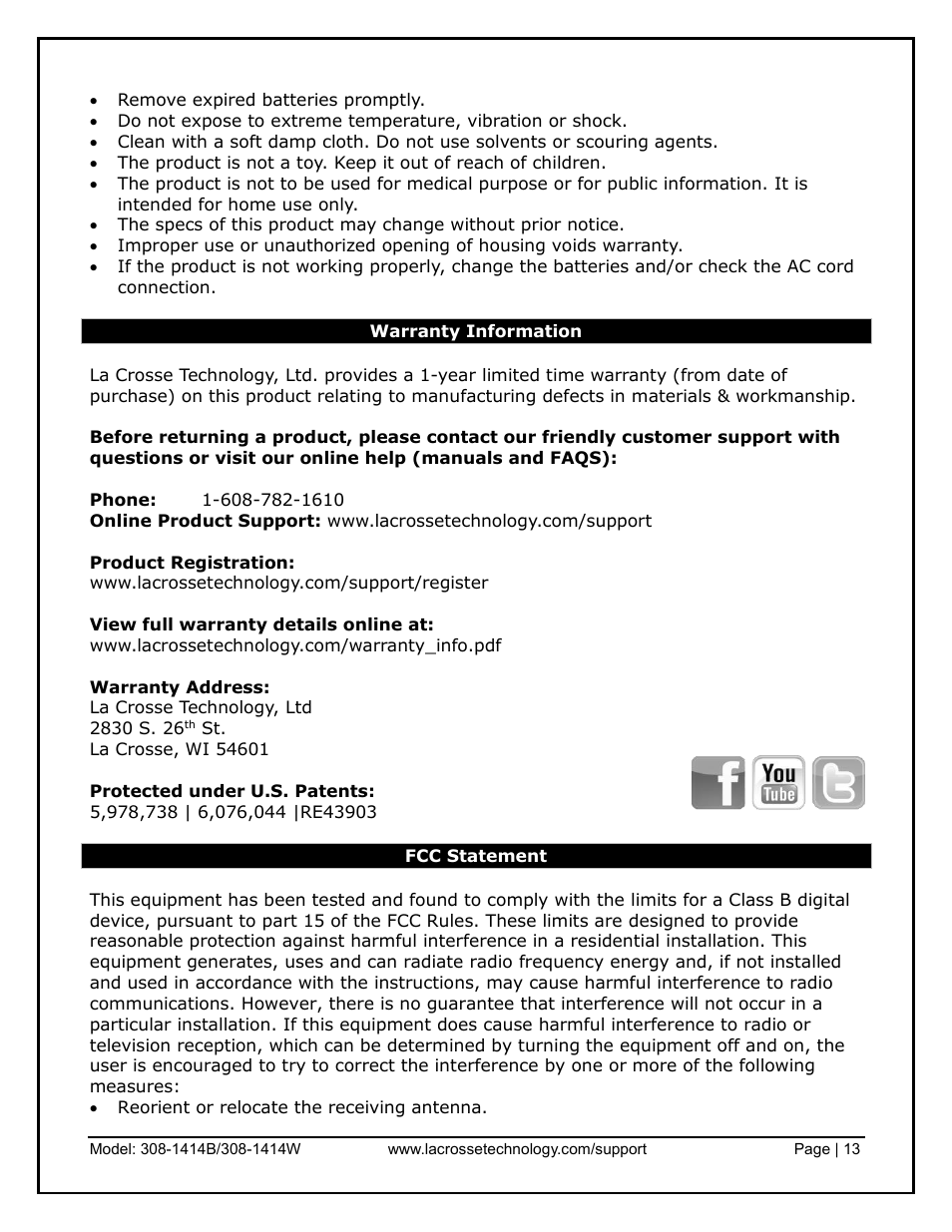 Warranty information, Fcc statement | La Crosse Technology 308-1414B User Manual | Page 13 / 14