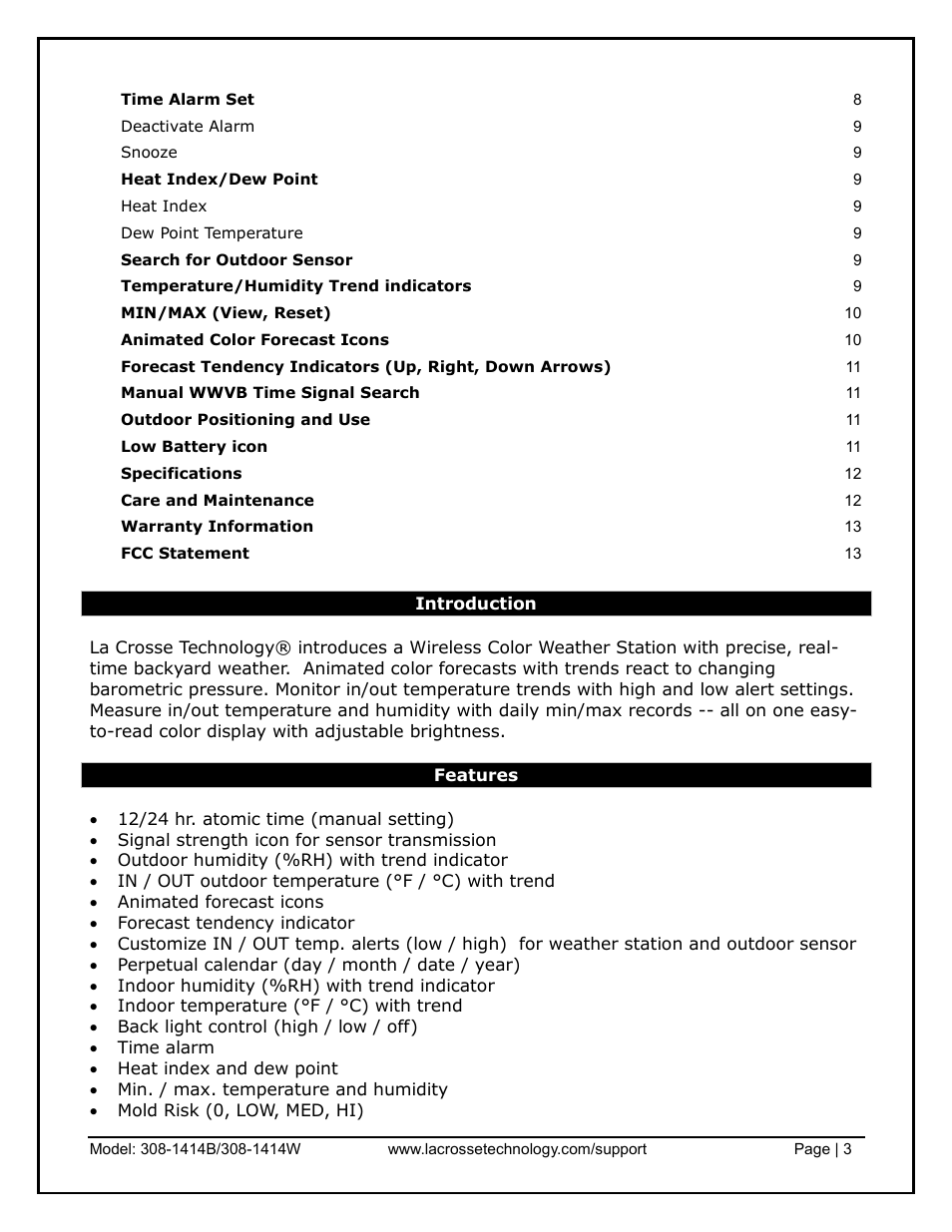 Introduction, Features | La Crosse Technology 308-1414B User Manual | Page 3 / 14