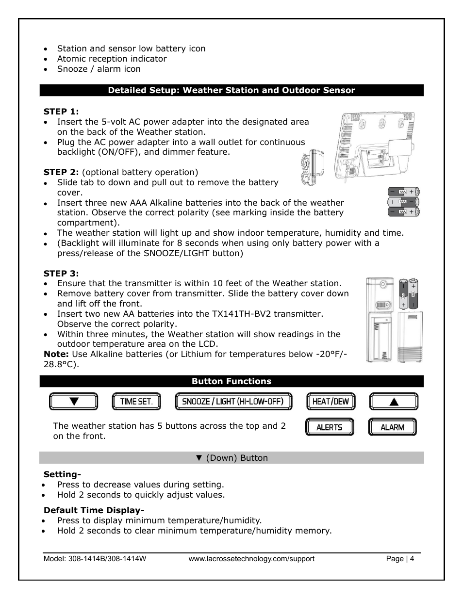 Detailed setup: weather station and outdoor sensor, Button functions, Down) button | La Crosse Technology 308-1414B User Manual | Page 4 / 14
