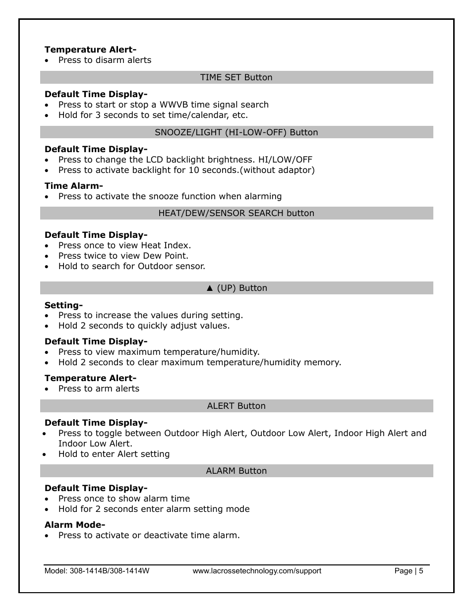 Time set button, Snooze/light (hi-low-off) button, Heat/dew/sensor search button | Up) button, Alert button, Alarm button | La Crosse Technology 308-1414B User Manual | Page 5 / 14