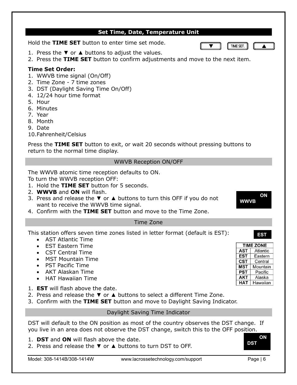 Set time, date, temperature unit, Wwvb reception on/off, Time zone | Daylight saving time indicator | La Crosse Technology 308-1414B User Manual | Page 6 / 14