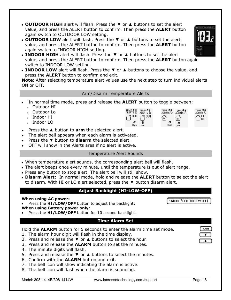 Arm/disarm temperature alerts, Temperature alert sounds, Adjust backlight (hi-low-off) | Time alarm set | La Crosse Technology 308-1414B User Manual | Page 8 / 14
