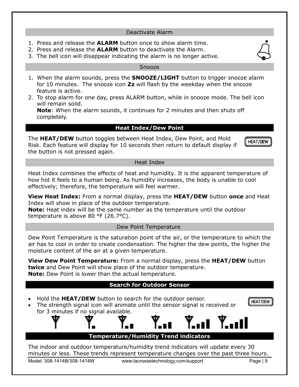 Deactivate alarm, Snooze, Heat index/dew point | Heat index, Dew point temperature, Search for outdoor sensor, Temperature/humidity trend indicators | La Crosse Technology 308-1414B User Manual | Page 9 / 14