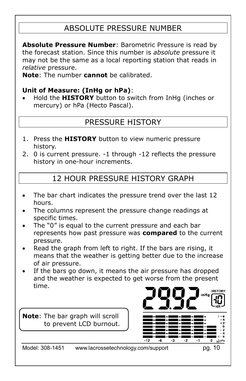 Absolute pressure number, Pressure history, 12 hour pressure history graph | La Crosse Technology 308-1451 User Manual | Page 10 / 15
