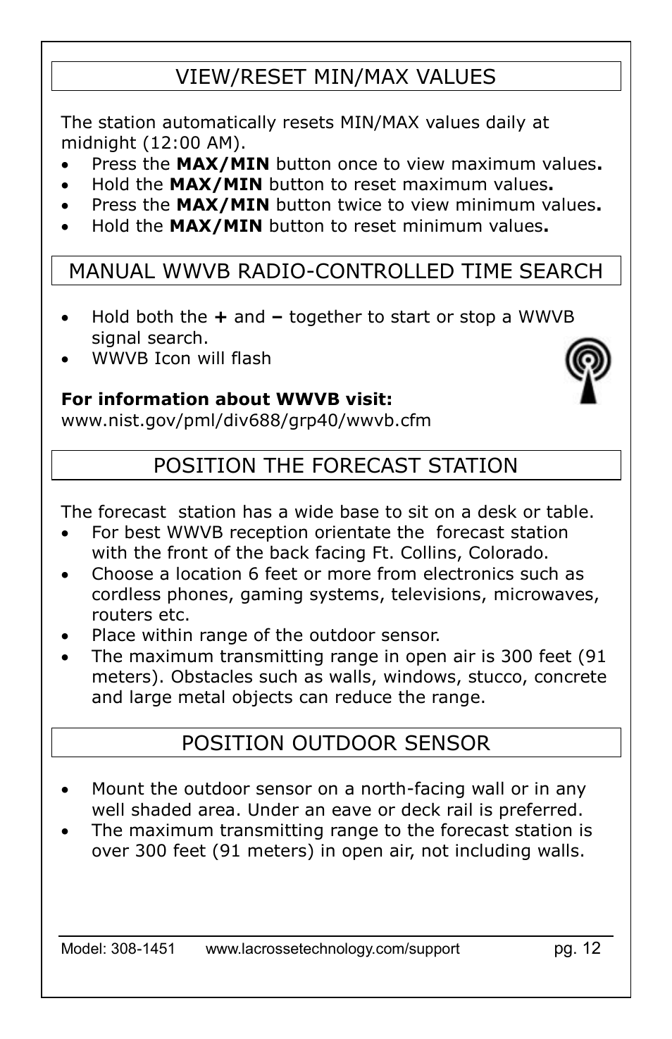 View/reset min/max values, Manual wwvb radio-controlled time, Search | Position the forecast station, Position outdoor sensor | La Crosse Technology 308-1451 User Manual | Page 12 / 15