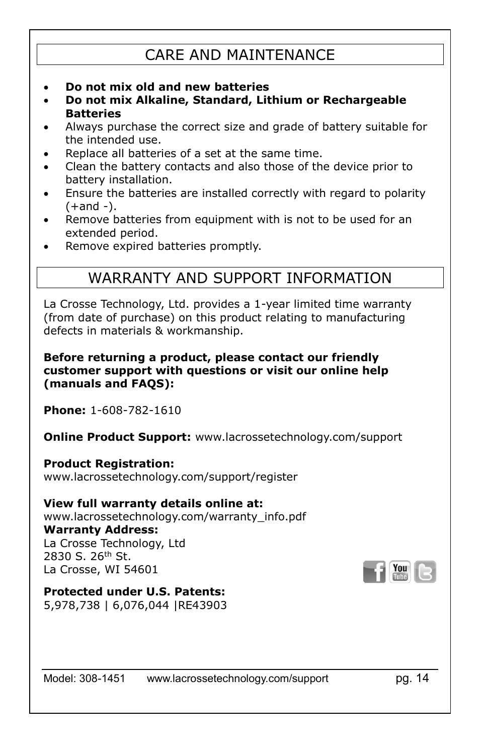Care and maintenance, Warranty and support information | La Crosse Technology 308-1451 User Manual | Page 14 / 15
