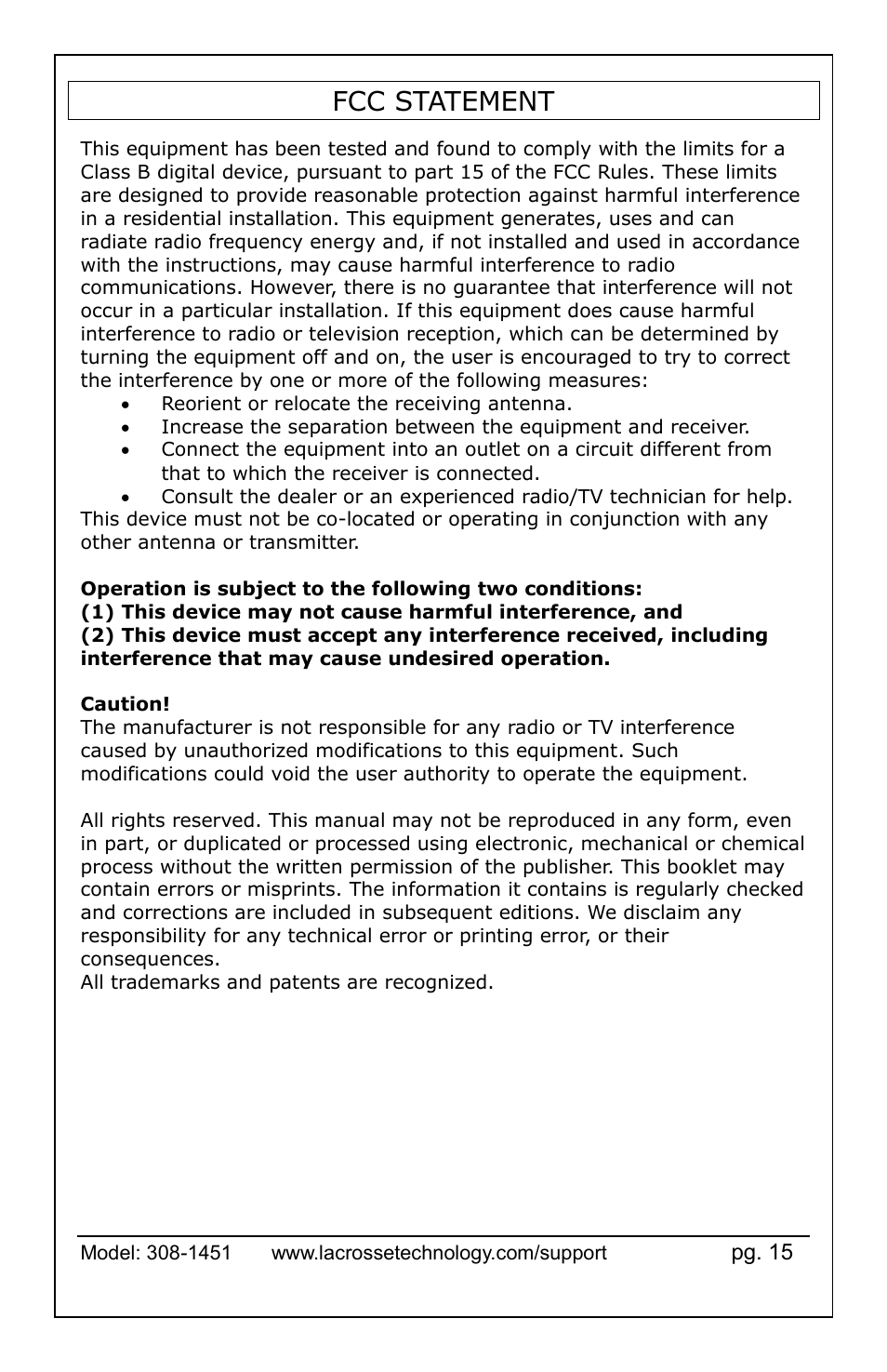 Fcc statement | La Crosse Technology 308-1451 User Manual | Page 15 / 15