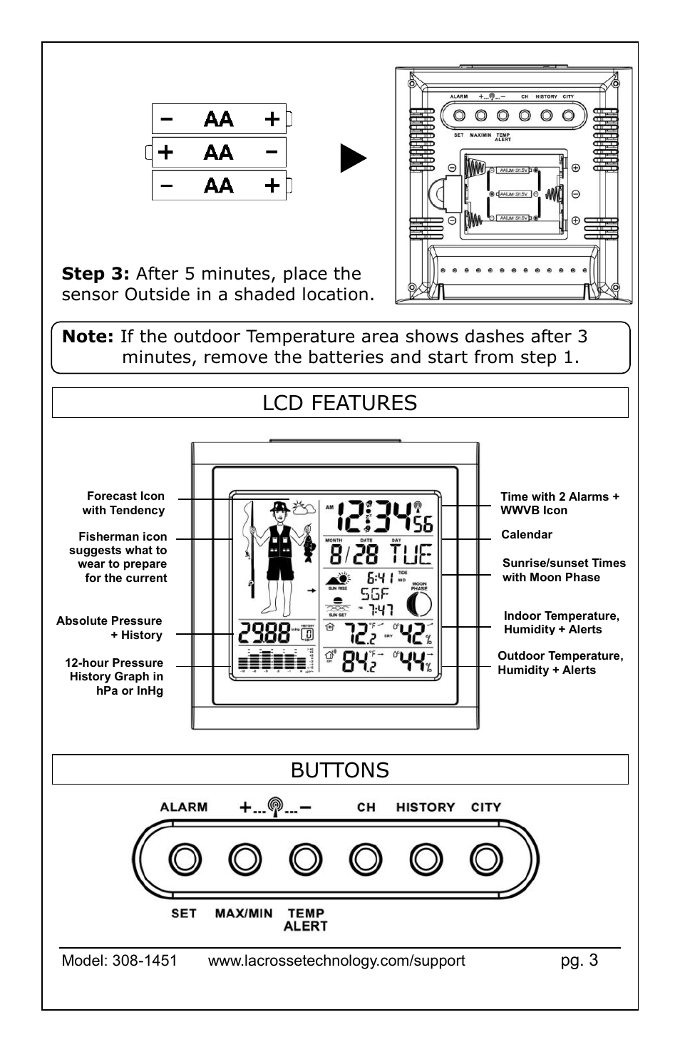 Lcd ffeatures buttons, Lcd features, Buttons | La Crosse Technology 308-1451 User Manual | Page 3 / 15